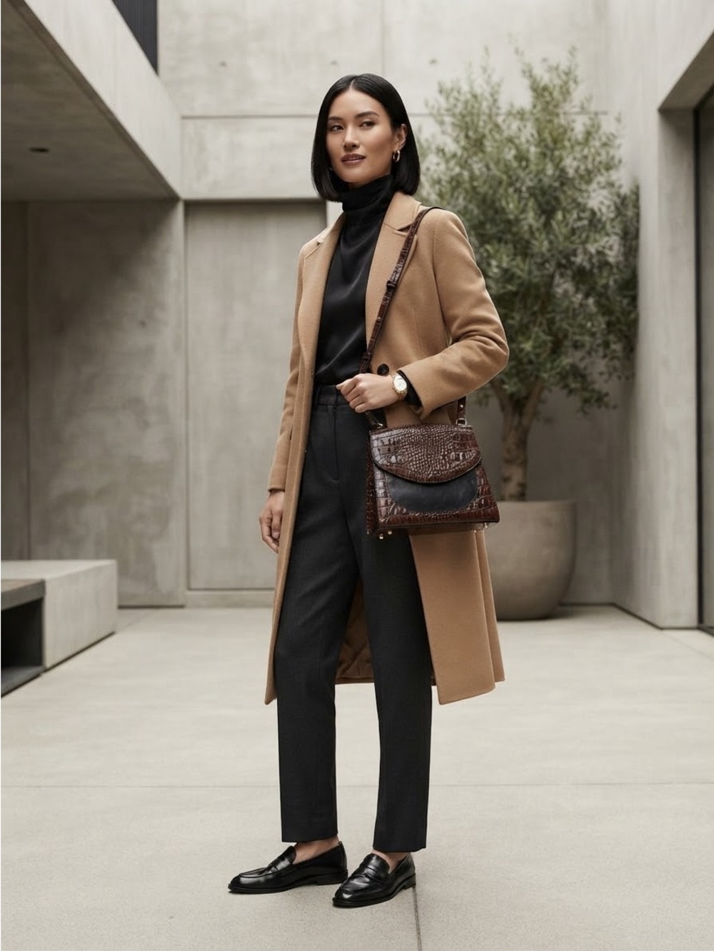 Brahmin Brown Croc-Embossed Leather Crossbody with Black Accent